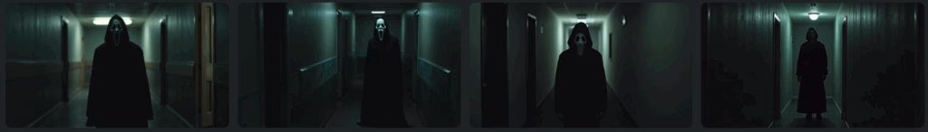 Dark hallway scene featuring a hooded AI Ghost figure wearing a white mask and black cloak, illuminated by eerie overhead lighting. The image evokes a chilling horror atmosphere perfect for an AI Ghost or Halloween-inspired visual.