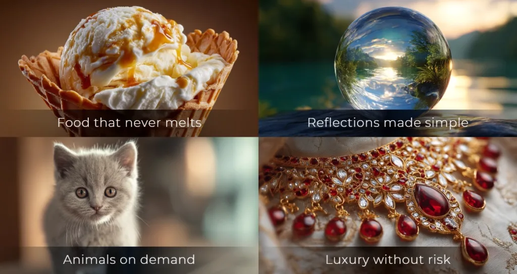 A four-panel collage demonstrating how AI simplifies photography challenges. The images show a caramel-drizzled ice cream cone labeled “Food that never melts,” a glass sphere reflecting a lake scene labeled “Reflections made simple,” a gray kitten labeled “Animals on demand,” and a jeweled necklace labeled “Luxury without risk.” Each visual highlights creative possibilities using AI-generated photography.