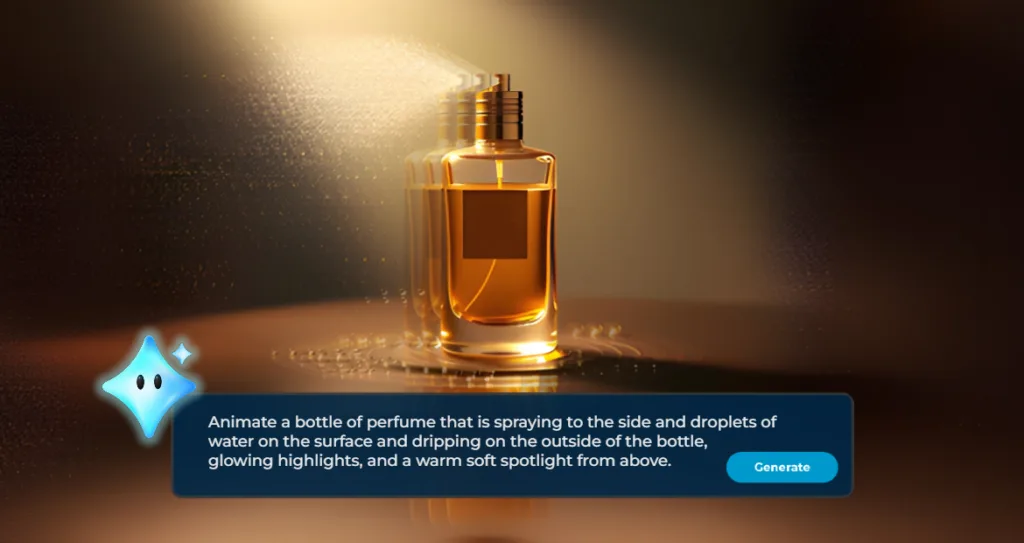 A close-up of a golden perfume bottle spraying mist under warm spotlight lighting, showing how AI Video Generation can capture realistic motion, reflections, and droplets for high-quality product animation.