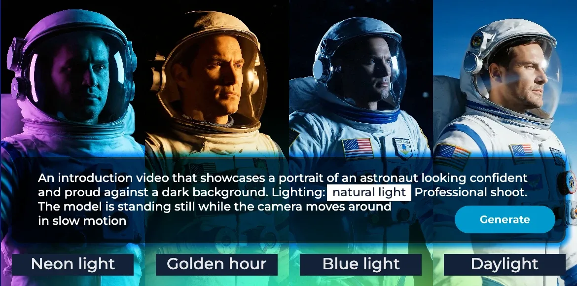 A comparison of four astronauts under different lighting effects—neon light, golden hour, blue light, and daylight—used to demonstrate how AI Video Generation can create cinematic lighting variations for professional video scenes.