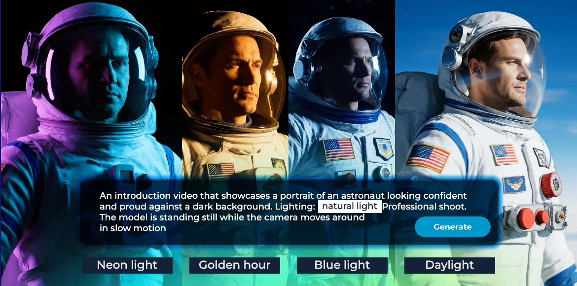 A comparison of four astronauts under different lighting effects—neon light, golden hour, blue light, and daylight—used to demonstrate how AI Video Generation can create cinematic lighting variations for professional video scenes.