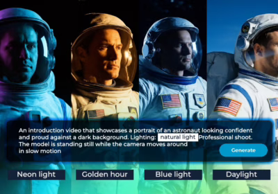 How to create stunning videos with Pixlr’s AI Video Generator A comparison of four astronauts under different lighting effects—neon light, golden hour, blue light, and daylight—used to demonstrate how AI Video Generation can create cinematic lighting variations for professional video scenes.