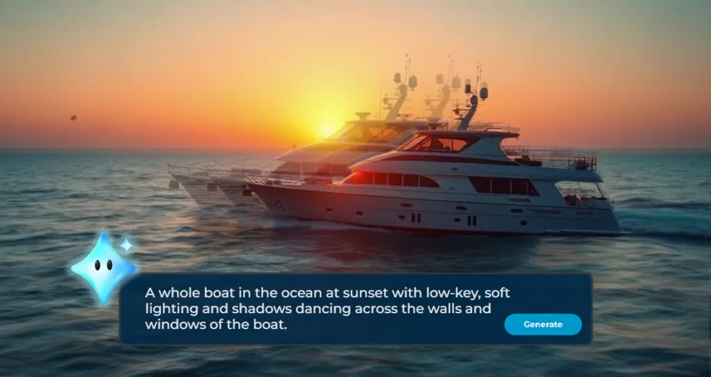 A luxurious yacht sailing on calm ocean waters at sunset with warm golden lighting and soft reflections, illustrating how AI Video Generation can produce cinematic lighting and motion effects for realistic marine scenes.