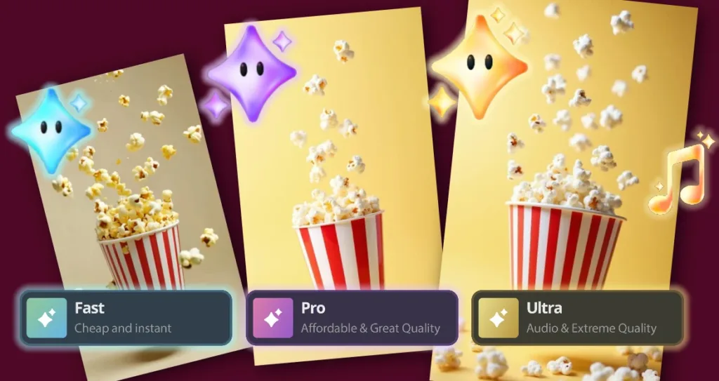 Three popcorn visuals representing Fast, Pro, and Ultra modes, illustrating how Pixlr’s AI Video Generator offers different speed and quality levels for creating cinematic videos.