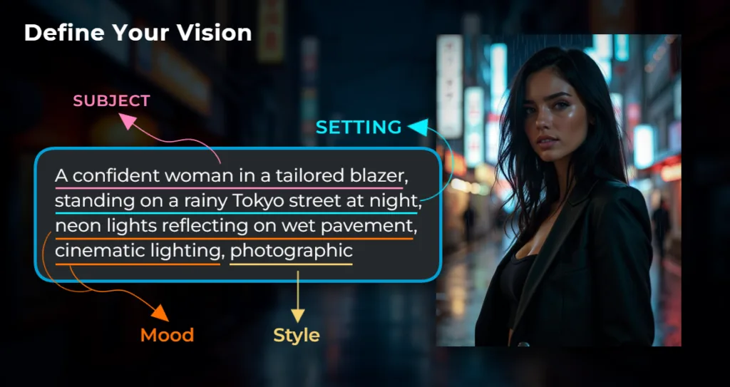 An instructional graphic titled “Define Your Vision” showing a woman in a tailored blazer on a rainy Tokyo street at night, illuminated by neon lights. Text highlights the elements of a good AI prompt — Subject, Setting, Mood, and Style — with arrows and color-coded labels explaining how to describe visuals for realistic image generation.