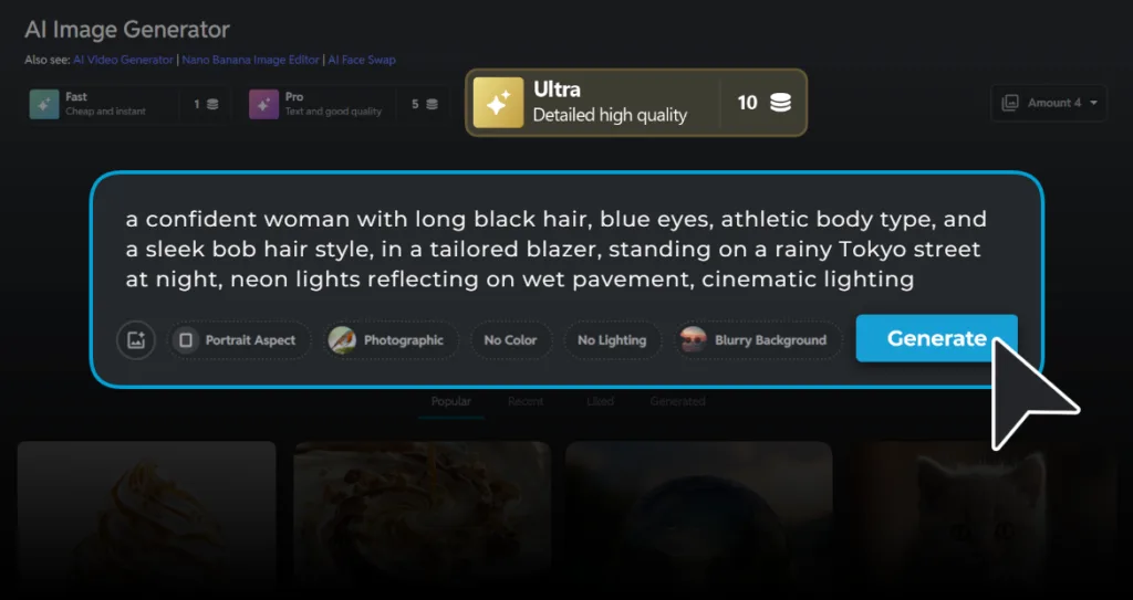 A screenshot of the Pixlr AI Image Generator interface showing the “Ultra” mode for high-quality image creation. The text prompt describes a confident woman on a rainy Tokyo street at night with neon reflections and cinematic lighting. The “Generate” button is highlighted, demonstrating how users craft detailed prompts to produce realistic AI-generated photos.