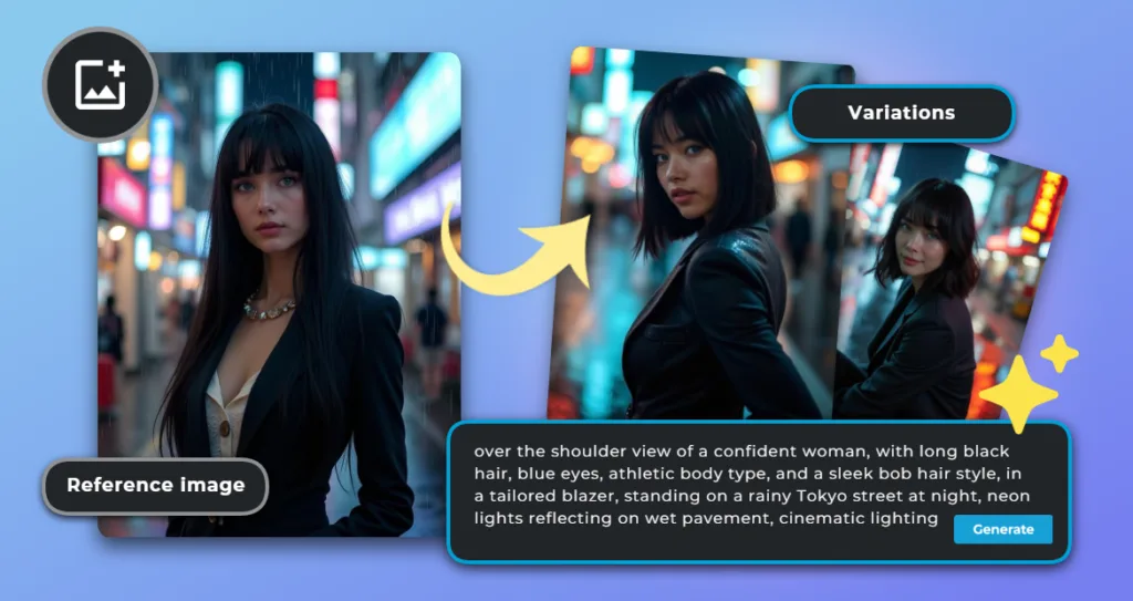 An instructional graphic showing how to create AI-generated variations using a reference image in Pixlr. The left image shows a woman on a neon-lit Tokyo street labeled “Reference image,” while the right displays two alternate AI-generated poses under “Variations.” A yellow arrow connects them, with a sample text prompt and “Generate” button below, demonstrating how to refine prompts for creative outcomes.