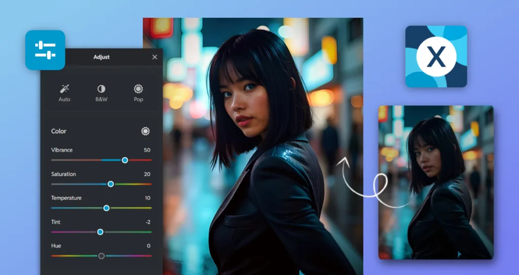 An editing tutorial graphic showing Pixlr’s Adjust panel with color controls for vibrance, saturation, and temperature. In the center, a woman in a black blazer stands on a neon-lit city street, with an arrow demonstrating how color adjustments enhance the AI-generated photo. The Pixlr “X” logo appears on the top right, representing post-editing refinement.