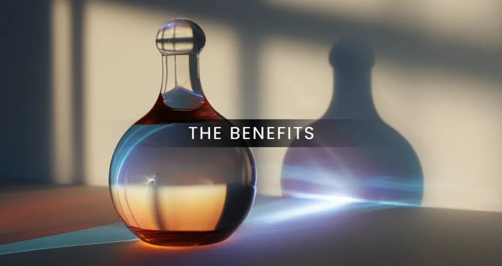 A glass decanter reflecting soft sunlight and colorful light refractions, with the text “The Benefits” overlayed in the center. This elegant and minimal composition, created for an AI photoshoot, highlights the artistic control and photorealistic quality achievable with artificial intelligence photography tools.
