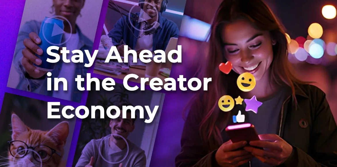 Why top creators and brands are adopting AI video tools A smiling woman using her phone surrounded by social media icons, alongside diverse creators and content visuals. The image promotes staying ahead in the creator economy using Pixlr’s AI Video Generator to produce engaging content.