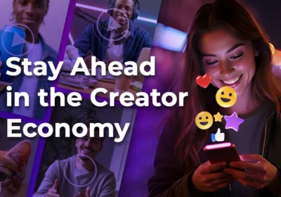 Why top creators and brands are adopting AI video tools A smiling woman using her phone surrounded by social media icons, alongside diverse creators and content visuals. The image promotes staying ahead in the creator economy using Pixlr’s AI Video Generator to produce engaging content.