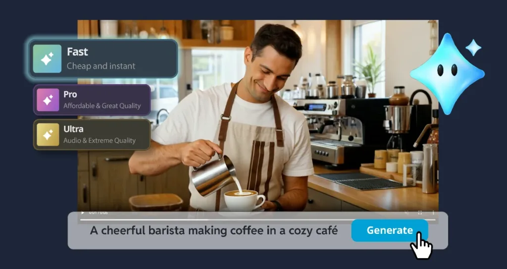 A smiling barista pours milk into a cup of coffee inside a cozy café, with text overlays showing video generation modes: Fast – Cheap and instant, Pro – Affordable & Great Quality, and Ultra – Audio & Extreme Quality. Below, a text prompt reads “A cheerful barista making coffee in a cozy café” beside a blue Generate button, representing AI video creation options.