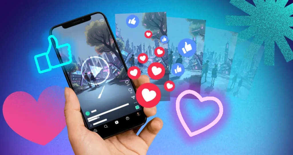 A person holding a smartphone displaying a futuristic animated city scene created using an AI video generator. Floating heart and thumbs-up icons symbolize social media engagement and likes, suggesting how AI-generated videos attract attention and boost online visibility. The background features multiple animation frames transitioning smoothly, highlighting video creativity and storytelling.
