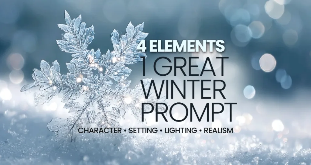 A close-up of a sparkling snowflake on icy ground with soft winter bokeh lights in the background. Text overlay reads “4 Elements, 1 Great Winter Prompt – Character, Setting, Lighting, Realism.” The visual promotes creating realistic seasonal imagery using an AI Image Generator for stunning winter scenes.