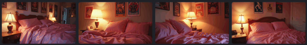 A cozy 90s-style bedroom with pink bedsheets, warm lamp lighting, and retro movie posters on the wall, created using an AI Ghost visual theme to evoke a nostalgic yet eerie cinematic mood.