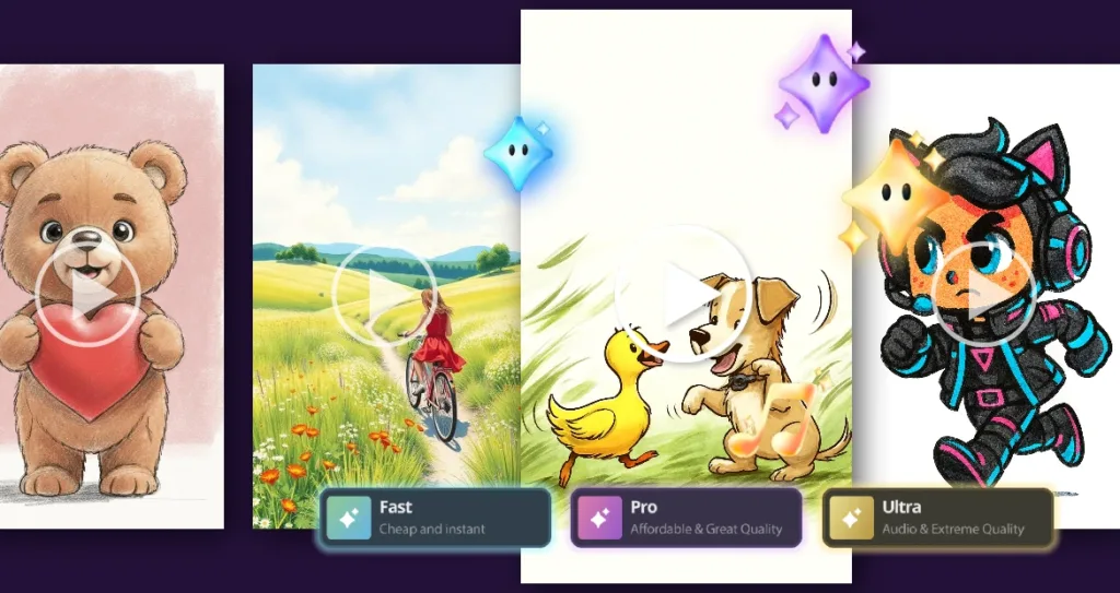 A series of animated illustrations, including a bear holding a heart, a girl cycling through a meadow, a puppy playing with a duck, and a futuristic cat-themed character, showcasing different animation quality modes—Fast, Pro, and Ultra—created using an AI video generator that transforms drawings into lively, motion-filled videos.