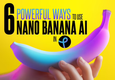 Hand holding a vibrant, neon-colored banana against a bright yellow background with bold text saying “6 powerful ways to use Nano Banana AI in Pixlr,” highlighting creative uses of the Nano Banana AI tool.