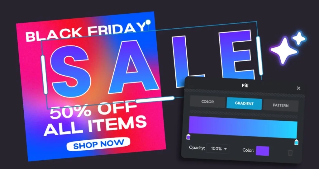 Bright Black Friday sale graphic with bold gradient “SALE” text, 50% off promo, and editing UI elements showing gradient color controls and glowing design accents on a vibrant pink-to-blue background.