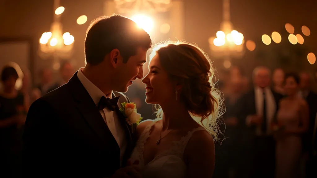 A bride and groom share a romantic moment on the dance floor, smiling at each other under warm chandelier lighting. The soft golden bokeh lights in the background create an intimate and dreamy atmosphere, highlighting the elegance and emotion of a wedding celebration.