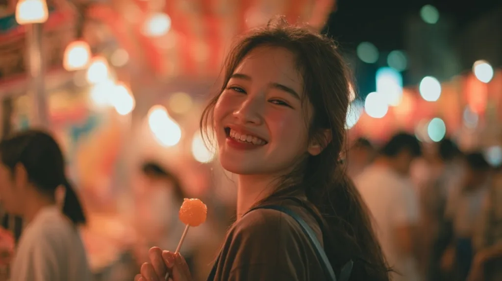 A young woman smiling brightly while holding a lollipop at a lively night market. The background is softly blurred with warm, colorful bokeh lights, creating a cheerful and dreamy atmosphere that highlights her joyful expression.