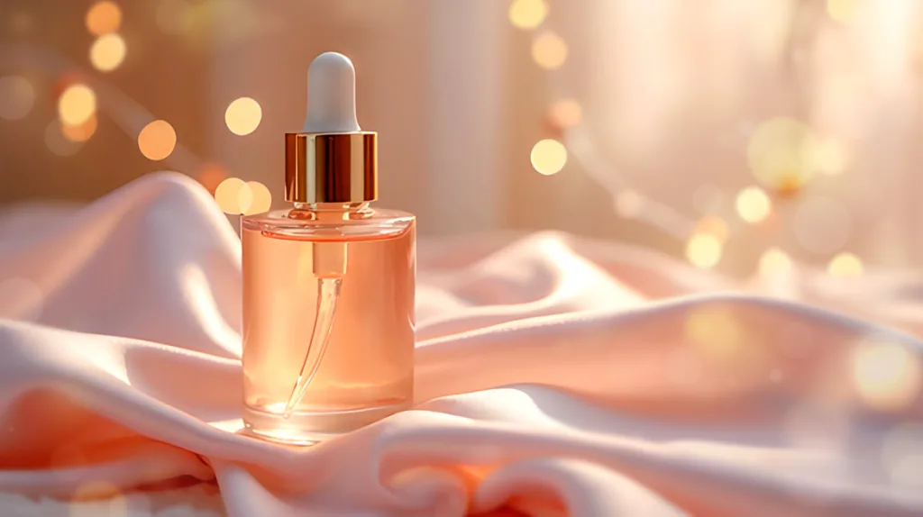 A glass dropper bottle filled with golden liquid placed on soft pink satin fabric, illuminated by warm sunlight. The background features glowing circular bokeh lights, creating a dreamy and elegant atmosphere ideal for luxury skincare or beauty product photography.