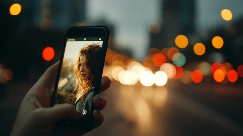 A person holding a smartphone capturing a portrait photo of a woman on the screen, with a city street blurred in the background. The out-of-focus city lights create a vivid bokeh effect with warm tones of orange, red, and white, giving the scene an artistic and cinematic feel ideal for social media content.