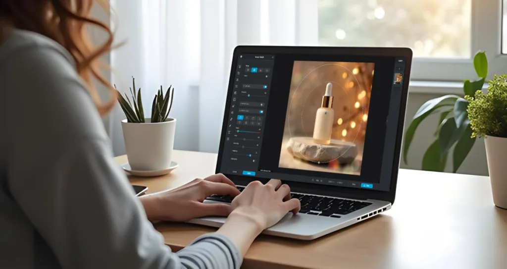 A person sitting at a desk using a laptop to edit a photo of a cosmetic dropper bottle in an image editing software. The screen shows adjustment controls and a circular focus overlay applied to the bottle image with warm bokeh lights in the background. There are potted plants and soft natural light coming through the window, creating a cozy workspace atmosphere.