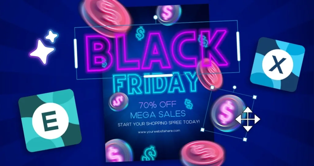 Neon-themed Black Friday deals poster being edited on a digital design canvas, featuring glowing purple and blue “Black Friday” text, 70% off sale message, floating dollar icons, and UI editing elements around the graphic.