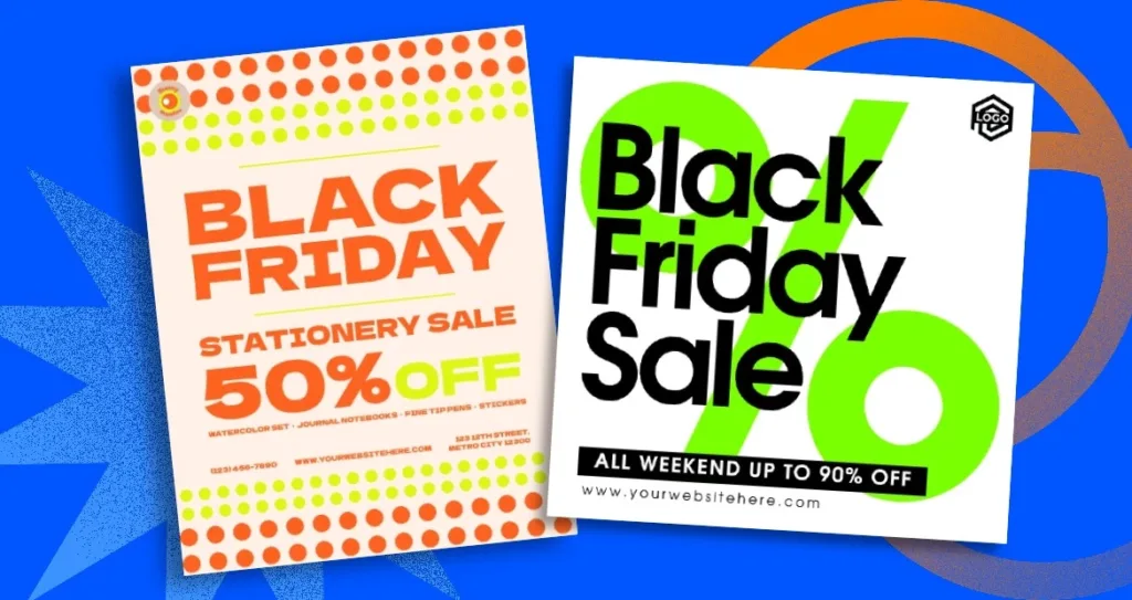 Two promotional Black Friday sale posters side-by-side, one with a retro orange and yellow dotted design promoting 50% off stationery, and the other with a modern black and neon green layout advertising up to 90% off, set against a bright blue graphic background.