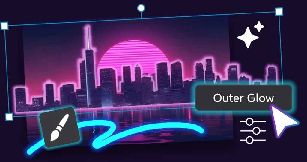 Neon cityscape with a glowing pink sunset and purple skyline, enhanced with bright outer-glow effects and editing icons illustrating glow tools, brush strokes, and adjustment sliders.