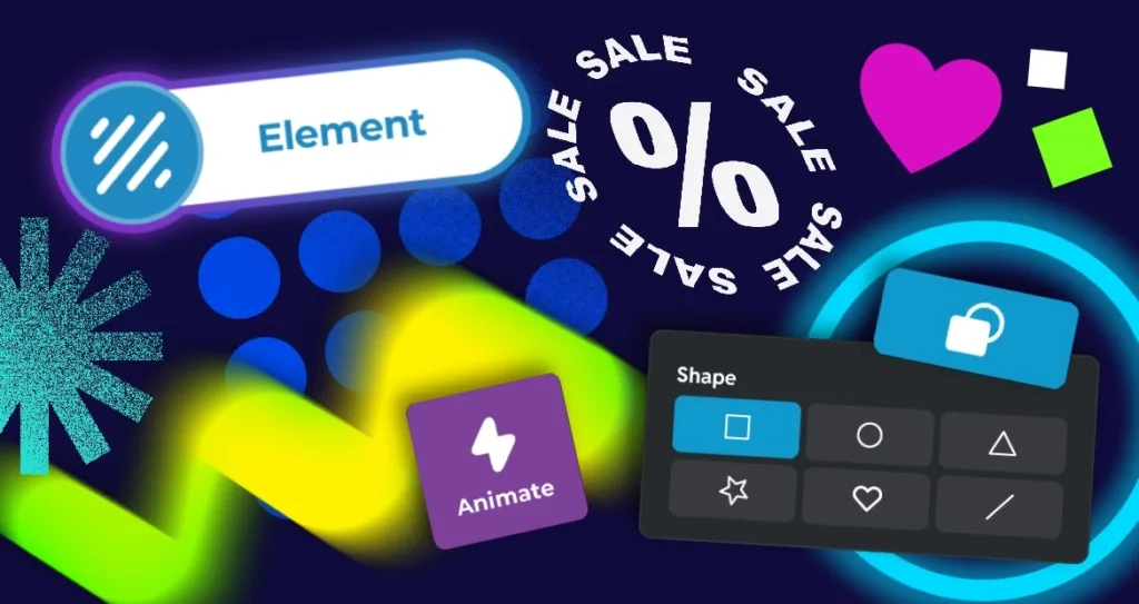 Vibrant graphic showcasing creative design elements including shapes, neon strokes, glowing blue circles, a “SALE” circular text, animation and shape selection icons, and colorful hearts and squares on a dark background, representing digital design and editing tools.