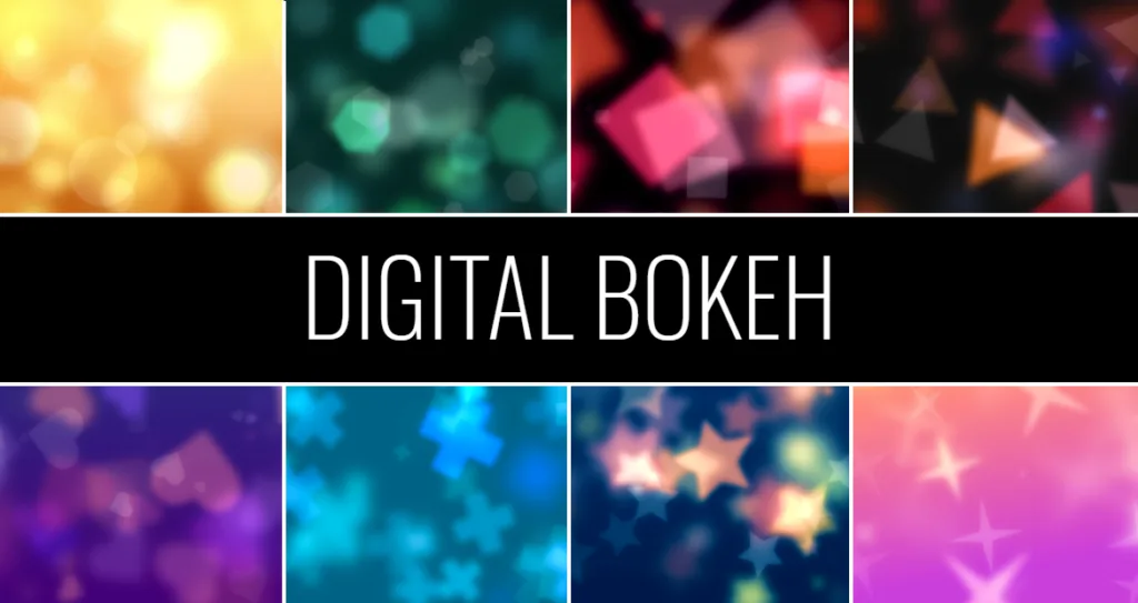 A vibrant collage of digital bokeh backgrounds featuring abstract blurred light shapes in various colors and forms — circles, hexagons, squares, triangles, crosses, stars, and sparkles — arranged in a grid with the bold title “DIGITAL BOKEH” in white text centered on a black banner.