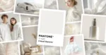 Mood board inspired by Pantone Cloud Dancer (11-4201) featuring soft white fabrics, minimalist fashion, futuristic design, beauty products, serene interiors, and airy cloud imagery in a cohesive light-toned aesthetic.