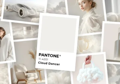 Mood board inspired by Pantone Cloud Dancer (11-4201) featuring soft white fabrics, minimalist fashion, futuristic design, beauty products, serene interiors, and airy cloud imagery in a cohesive light-toned aesthetic.