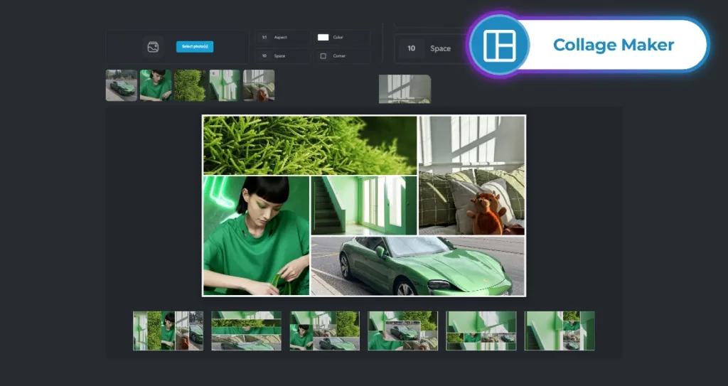 Screenshot of Pixlr’s Collage Maker interface showing a green-themed photo collage. The collage includes images of moss, a woman in a green shirt, green interior stairs, a green sports car, and a cozy bedroom with sunlight and a teddy bear. The interface displays photo selection thumbnails, layout options, spacing controls, and a glowing “Collage Maker” label at the top right.