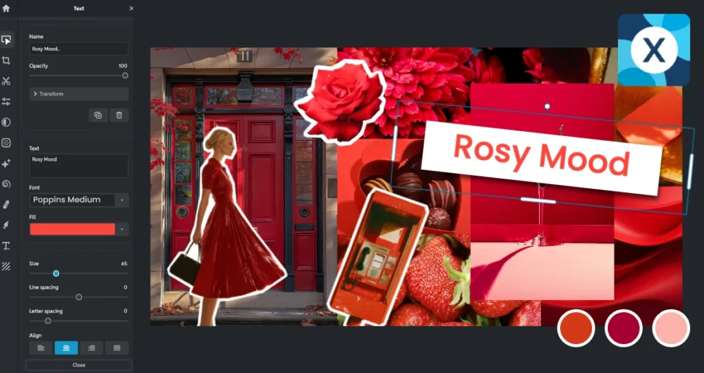 Editing interface showing a red-themed moodboard titled “Rosy Mood.” The collage includes a woman in a red dress, a red front door, red roses, strawberries, chocolates, and various red textures. The Pixlr Express toolbar appears on the left, with color swatches and editing options displayed around the canvas.