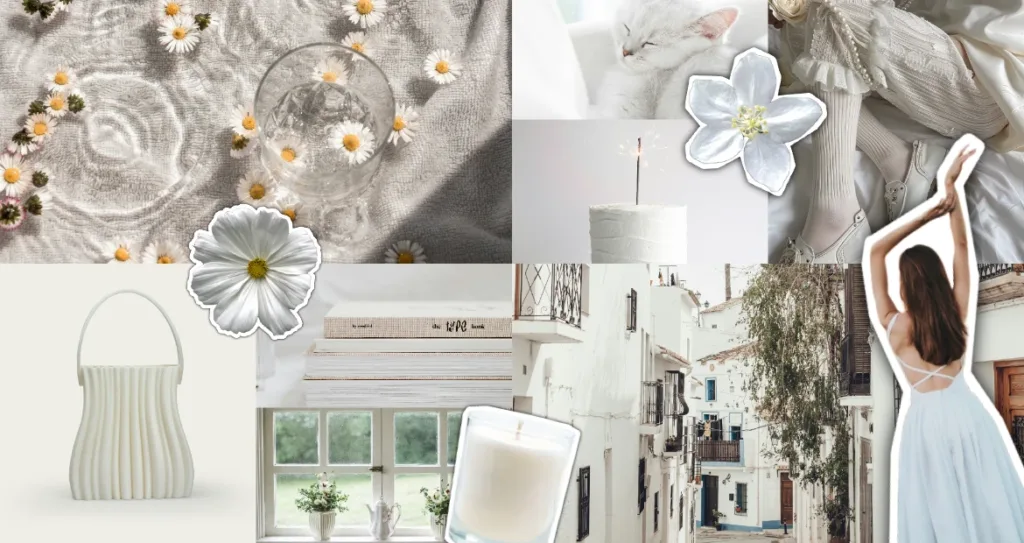 A soft, aesthetic moodboard featuring white and pastel elements, including daisy flowers on fabric, a glass of water with floating petals, a sleeping white cat, a white cake with a sparkler, delicate lace clothing, a woman in a light blue dress, white ceramic decor, stacked neutral books, a candle, and a sunlit Mediterranean-style street. The collage emphasizes calm, airy, and minimalist vibes.