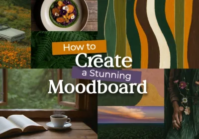 A collage-style moodboard featuring earthy-toned photographs, including a vintage car in a field of orange flowers, a bowl of vibrant green and purple food, textured abstract patterns in green, mustard, and brown, a cozy window scene with an open book and coffee, and a person wearing floral-decorated overalls. Color swatches in deep purple, forest green, mustard, and brown appear along the sides, with the title “How to Create a Stunning Moodboard” overlaid at the center.
