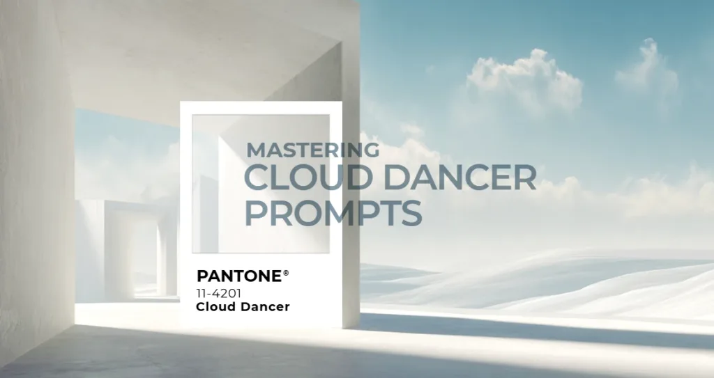 Mastering Cloud Dancer prompts visual featuring minimalist white architecture, soft blue sky, floating clouds, and Pantone Cloud Dancer (11-4201) branding, conveying an airy, calm, and modern creative aesthetic.