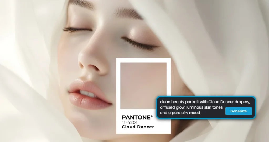 Clean beauty portrait inspired by Pantone Cloud Dancer (11-4201) showing a serene close-up with soft white drapery, diffused glow, luminous skin tones, and a light, airy aesthetic.