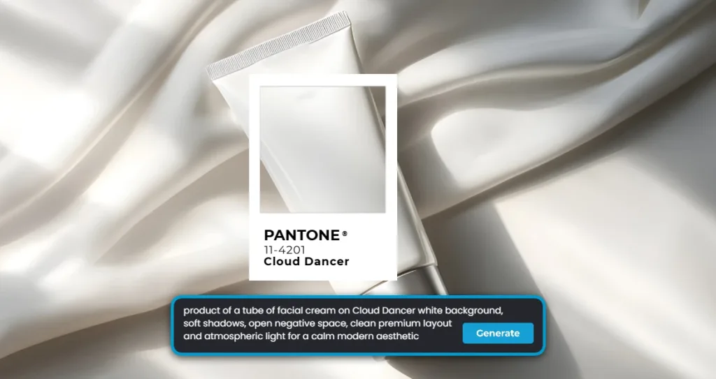 Minimal product photography featuring a facial cream tube against a Pantone Cloud Dancer (11-4201) white background, with soft shadows, flowing fabric textures, clean negative space, and a calm, premium aesthetic.