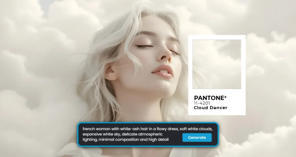 Ethereal fashion portrait inspired by Pantone Cloud Dancer (11-4201), featuring a serene woman with soft white-ash hair, flowing fabrics, delicate lighting, and a cloud-filled background creating a calm, airy mood.
