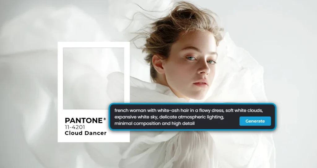 Fashion portrait inspired by Pantone Cloud Dancer (11-4201) featuring a woman in a soft white flowing dress, airy fabric textures, cloud-like background, and minimal lighting with a clean, ethereal aesthetic.