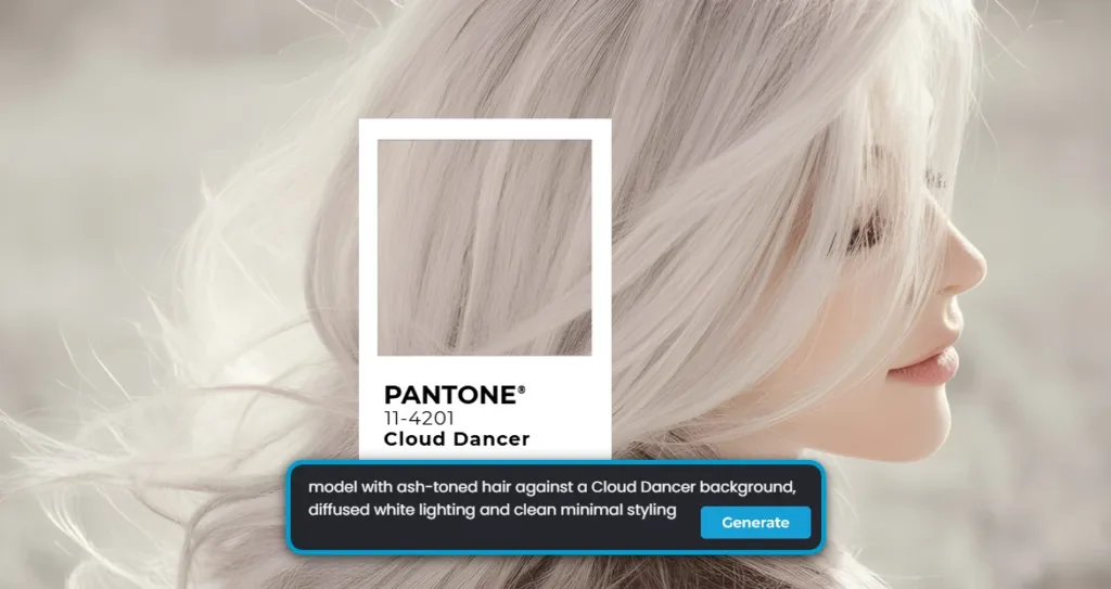 Minimal beauty profile featuring a model with ash-toned hair styled in Pantone Cloud Dancer (11-4201), soft white background, diffused lighting, and a clean, airy aesthetic.