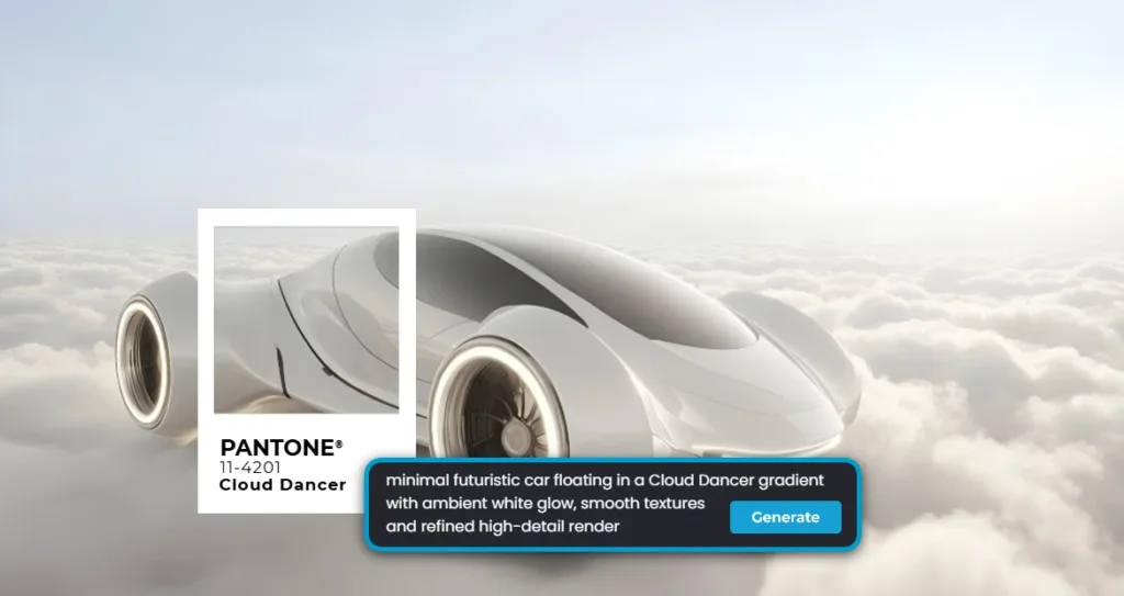 Minimal futuristic car floating above soft clouds in a Pantone Cloud Dancer (11-4201) palette, featuring smooth white surfaces, ambient glow, airy atmosphere, and a clean high-detail futuristic aesthetic.