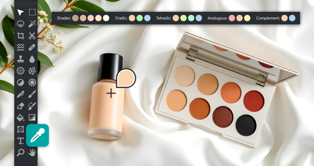 Makeup products on a soft white fabric background, with a foundation bottle and neutral eyeshadow palette. A color harmony tool and eyedropper overlay show shades, triadic, tetradic, analogous, and complementary color options for brand color selection.
