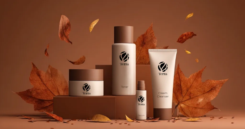 Earth-toned skincare product set with toner, serum, cream, and cleanser displayed on brown podiums, surrounded by falling autumn leaves, conveying a natural and premium brand aesthetic.