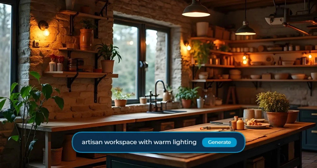Cozy artisan-style kitchen workspace with wooden countertops, open shelves, potted plants, and warm ambient lighting, illustrating a calm and inviting brand atmosphere.