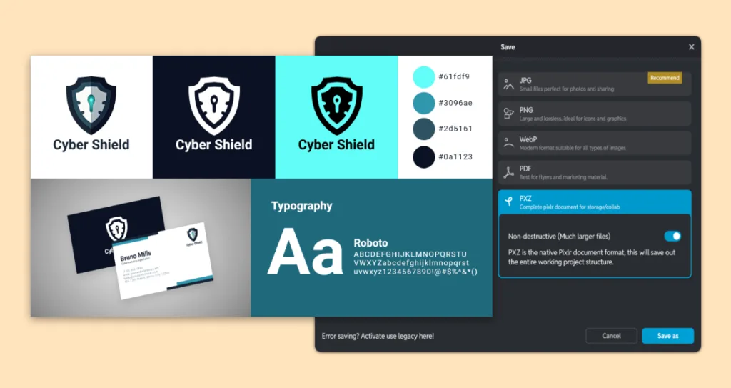 Brand style guide layout for ‘Cyber Shield’ showing logo variations, color palette, typography, and business card design, alongside Pixlr’s save format panel highlighting consistent brand asset export.
