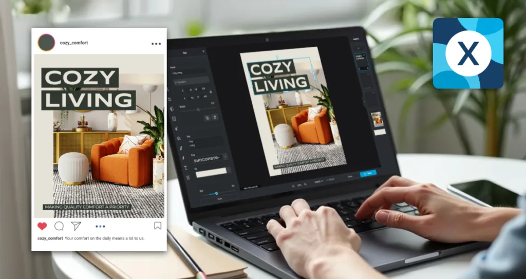 Designer editing a ‘Cozy Living’ social media post on a laptop using Pixlr, with a matching Instagram-style preview beside it, showing how brand voice and visual tone stay consistent across platforms.